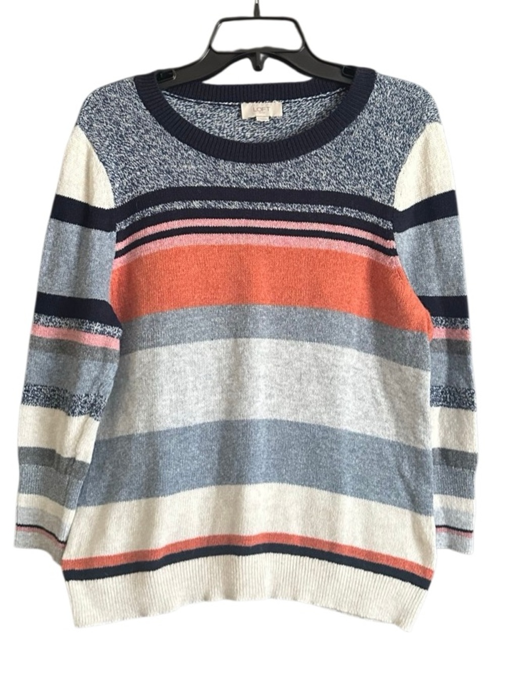 LOFT Sweater Womens Blue Gray Orange Striped Metallic Thread Wool Blend Womens L